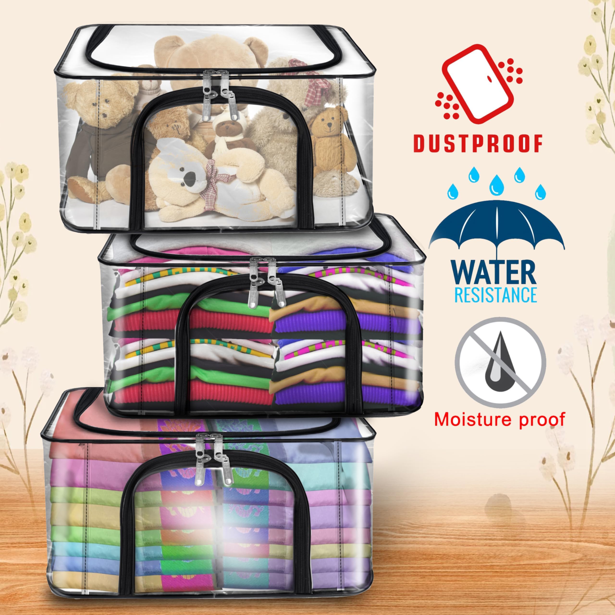 Storite 3 Pack 28 L Transparent Pvc Wardrobe Bag Underbed Moisture Proof Cloth Storage Organizer, Storage Box For Clothes Saree